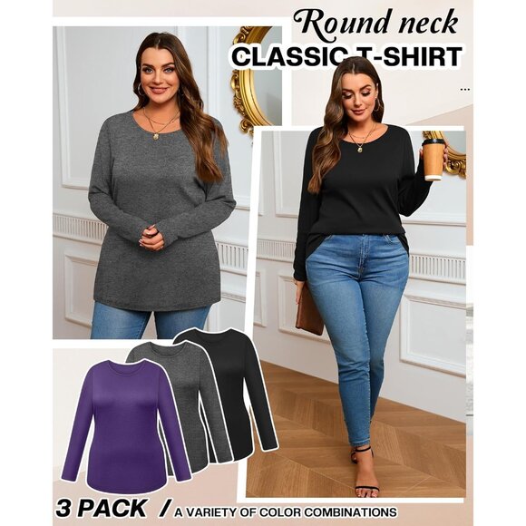 3 Pack Women's Plus Size Cotton Long Sleeve Tops Casual Blouses - Picture 4 of 6